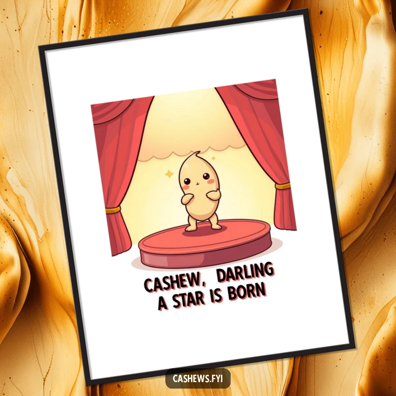 Funny Free Printable Wall Art: A dramatic cashew nut poses like a star performer on a tiny stage.