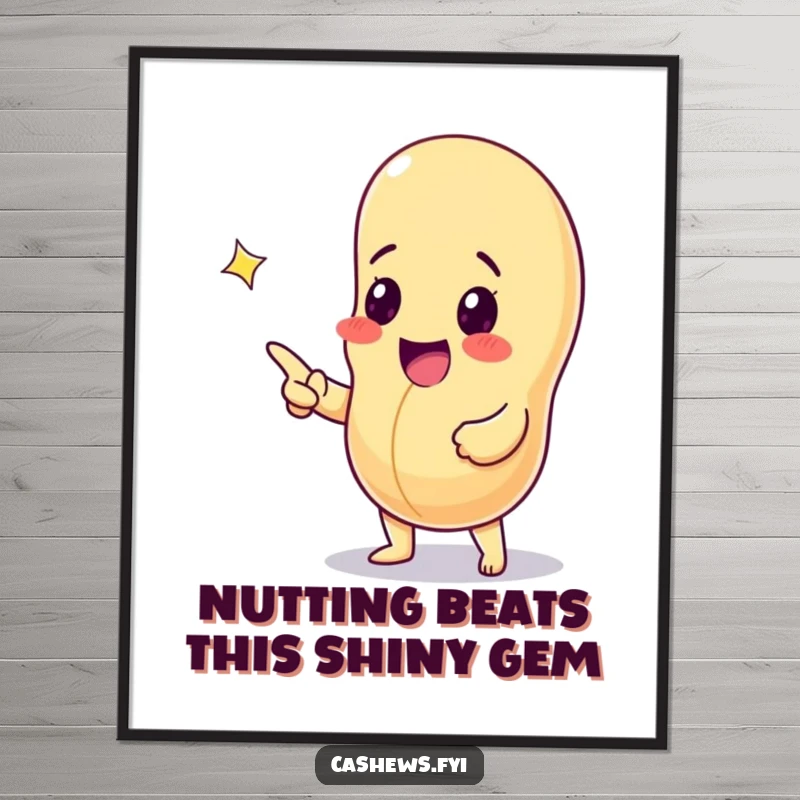 Funny Free Printable Wall Art: A joyful cashew nut excitedly points towards a large, radiant sparkling gem.