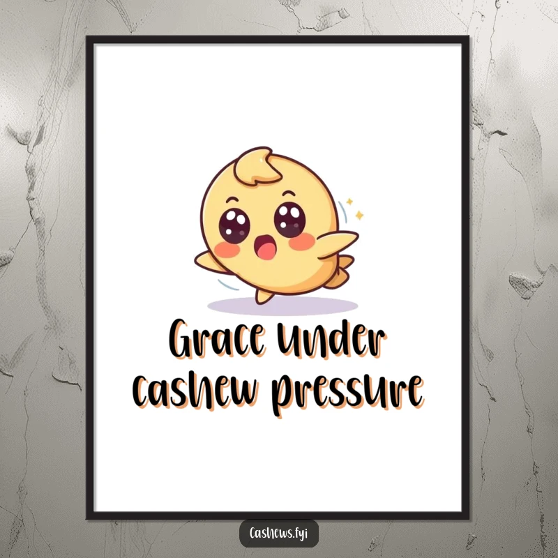 Funny Free Printable Wall Art: A cashew trips but lands gracefully with wide eyes, a comical decorative piece.