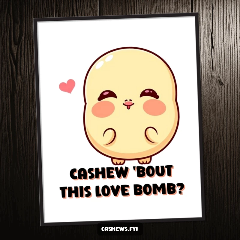 Funny free printable wall art of a kawaii cashew character with exaggeratedly rosy cheeks blowing a kiss.