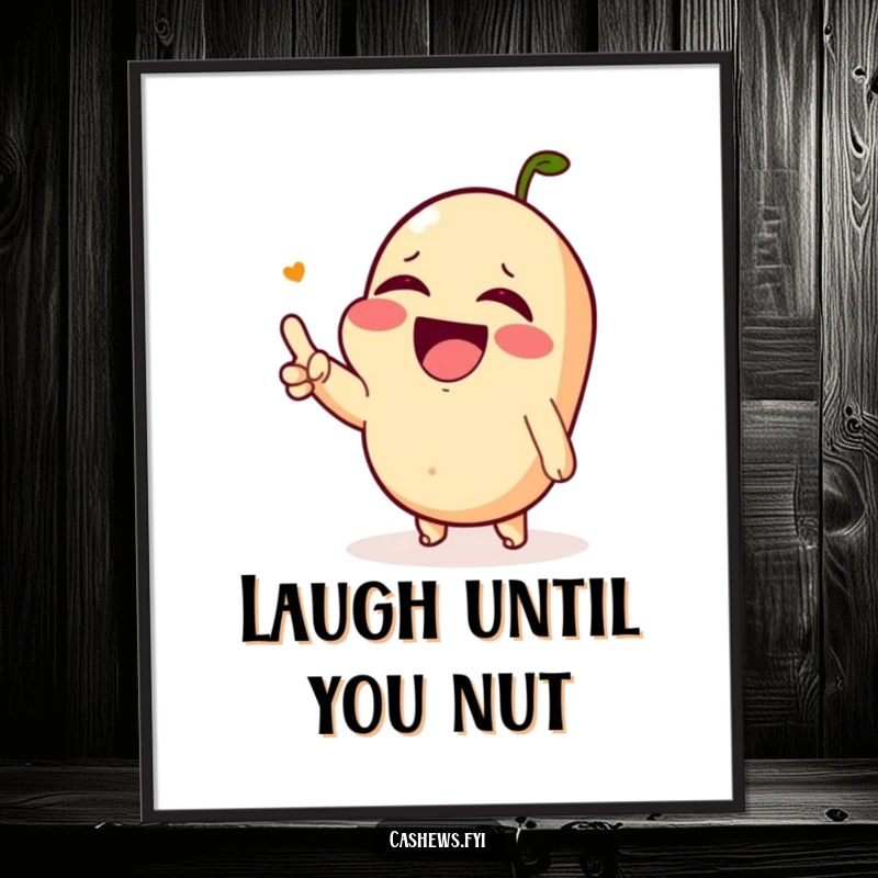 Funny Free Printable Wall Art: Kawaii cashew laughing until its eyes water, pointing with delight, quirky DIY downloadable.