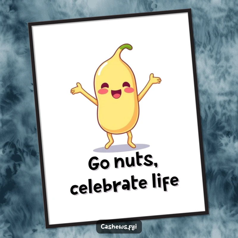 Funny Free Printable Wall Art: Kawaii cashew doing a silly, joyful dance with flailing limbs, adding quirky charm, DIY downloadable.