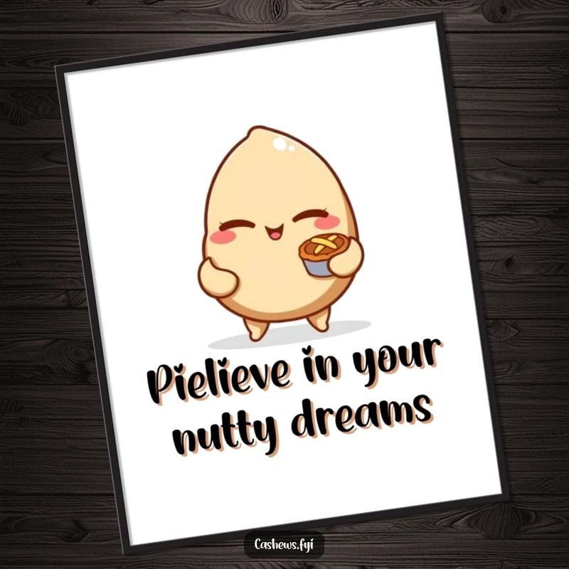 Funny Free Printable Wall Art: A mischievous cashew nut winks playfully while holding a small, tempting pie.