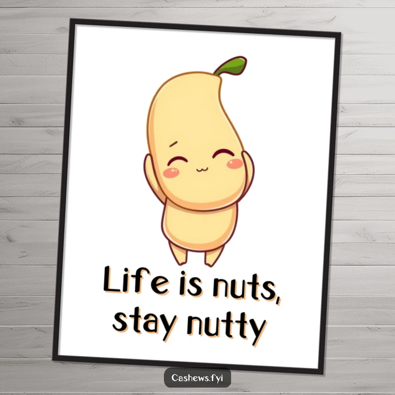 Funny Free Printable Wall Art: A cashew character winks slyly while holding a large, luminous cashew, radiating nutty charm.