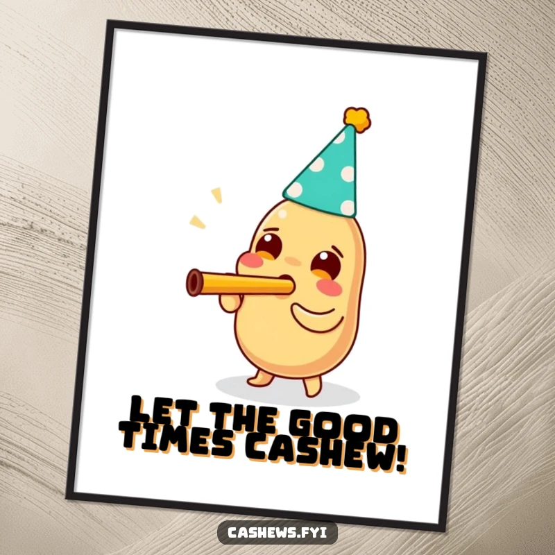 Funny Free Printable Wall Art: A cashew in a party hat blows a kazoo loudly with enthusiastic joy.