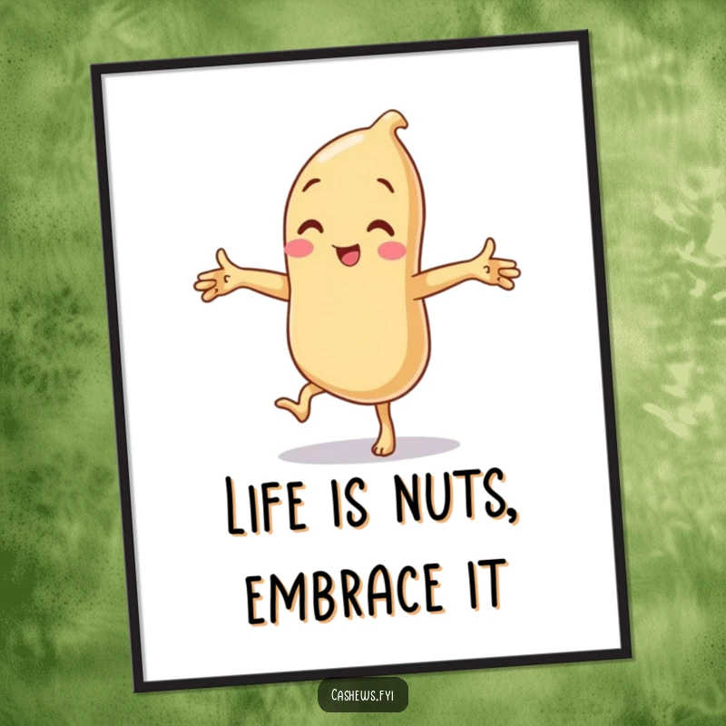 Funny Free Printable Wall Art: A cashew performing a ridiculous balancing act on one leg, arms spread wide in a silly pose.