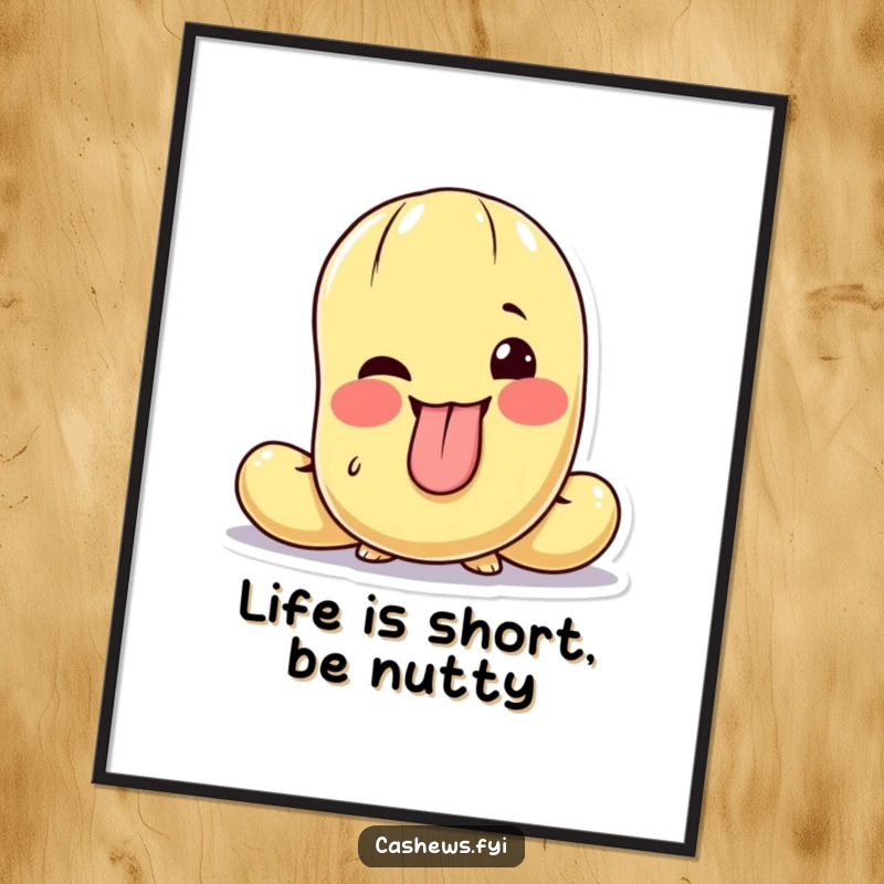 Funny Free Printable Wall Art: A cashew character making a mischievous face, tongue out and winking. Quirky decor.