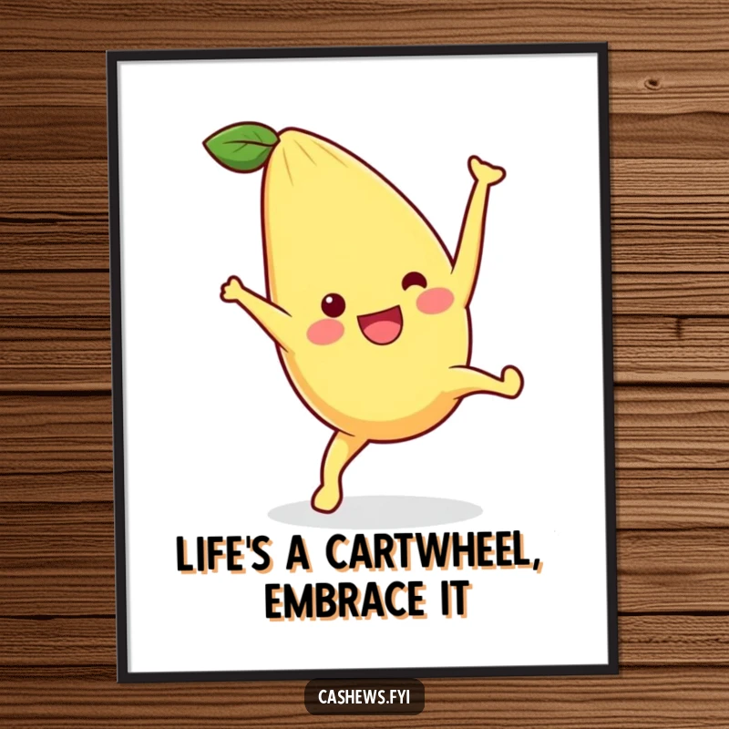 Funny Free Printable Wall Art featuring a dynamic kawaii cashew character executing a joyful cartwheel with exuberant energy.