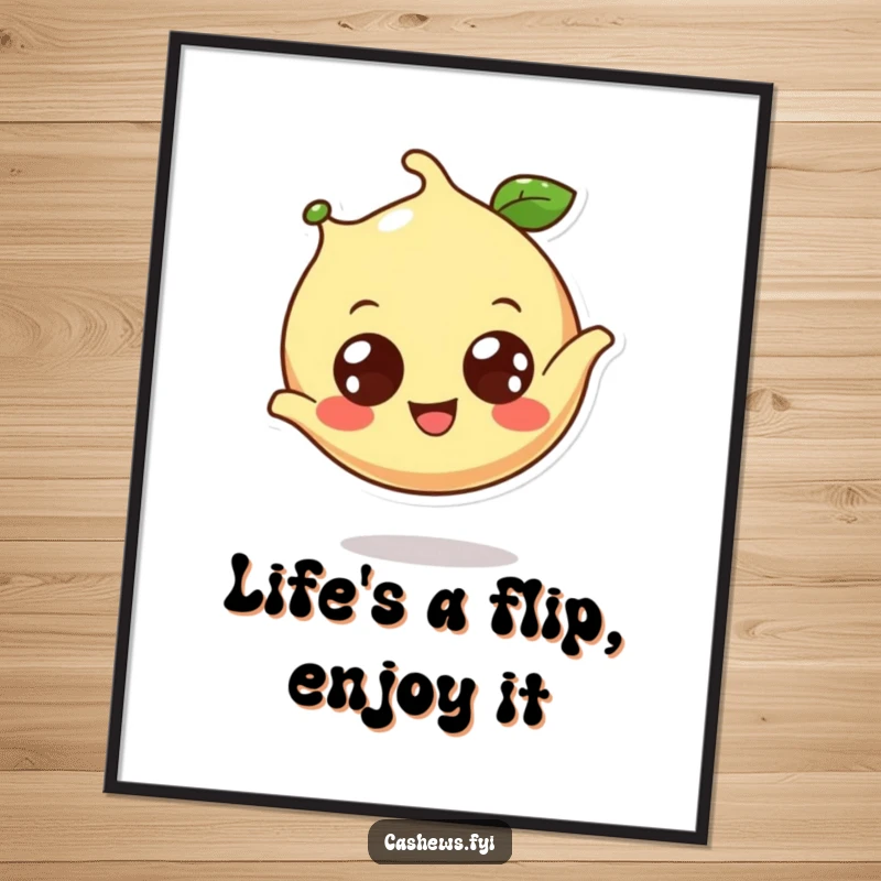 Funny free printable wall art: a happy cashew with wide eyes does a somersault, full of energy.