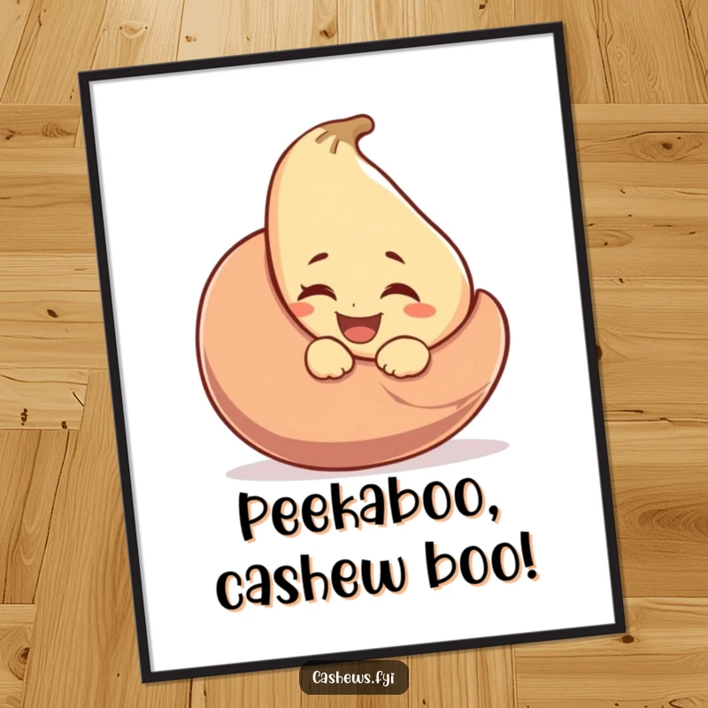 Funny Free Printable Wall Art: A laughing cashew is peeking from behind a giant nut, giving a cheeky wink.