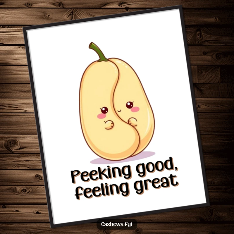Funny free printable wall art: a kawaii cashew peeks from behind a giant cashew, sporting a cute and playful grin.