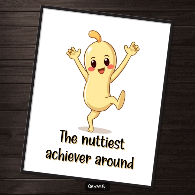 Funny free printable wall art of a cashew character in a dramatic pose, one leg extended and arms in the air, adding quirky charm.