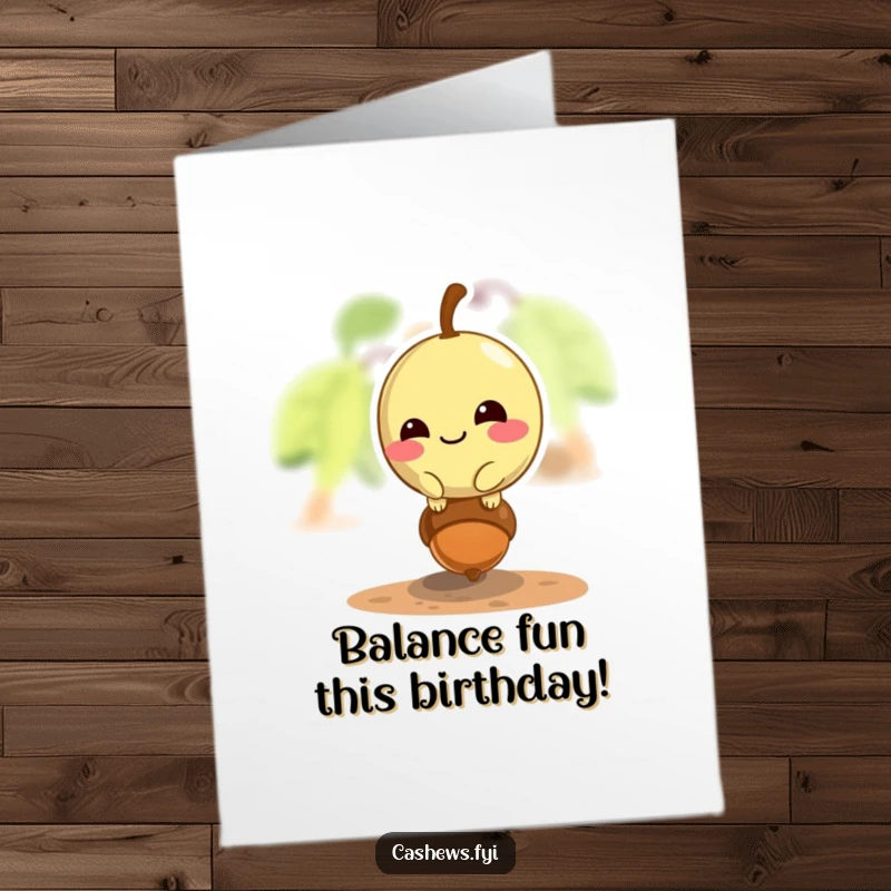 Funny free printable birthday card: a cashew with a mischievous grin balances on a tiny acorn, daring.