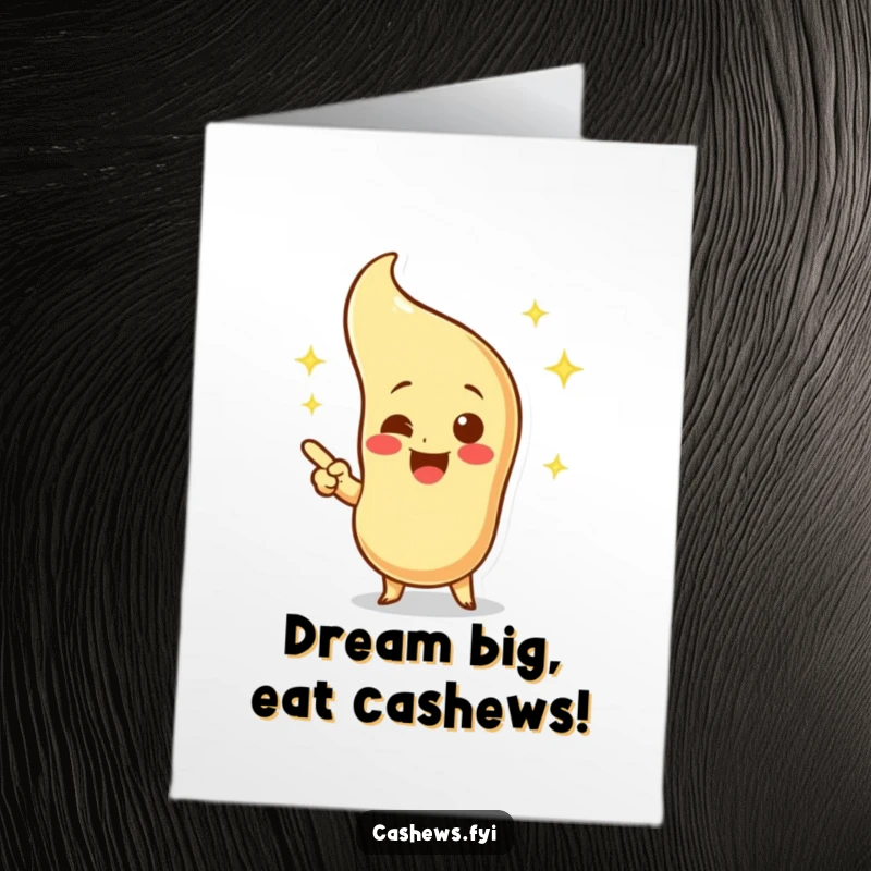 Funny free printable birthday card of a cashew character pointing excitedly at an imagined sparkling cashew.