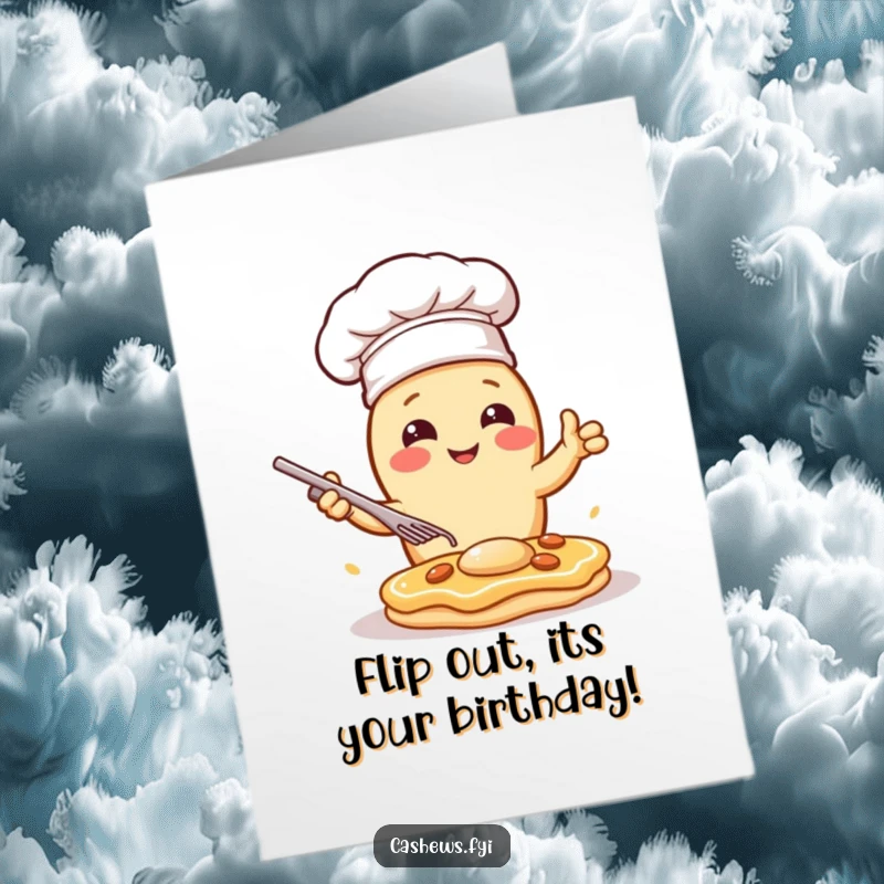 Funny Free Printable Birthday Card: A kawaii cashew in a chef hat dramatically flips a pancake in mid-air.