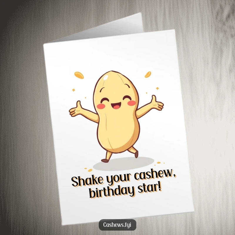 Funny Free Printable Birthday Card: A cashew does a delighted jig with arms outstretched, kicking up cashew dust.