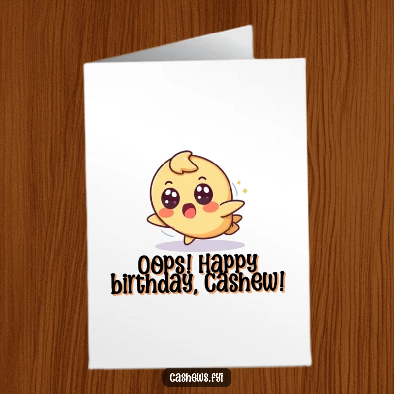 Funny Free Printable Birthday Card: A cashew trips slightly but lands gracefully, eyes wide with surprise, adding humor.