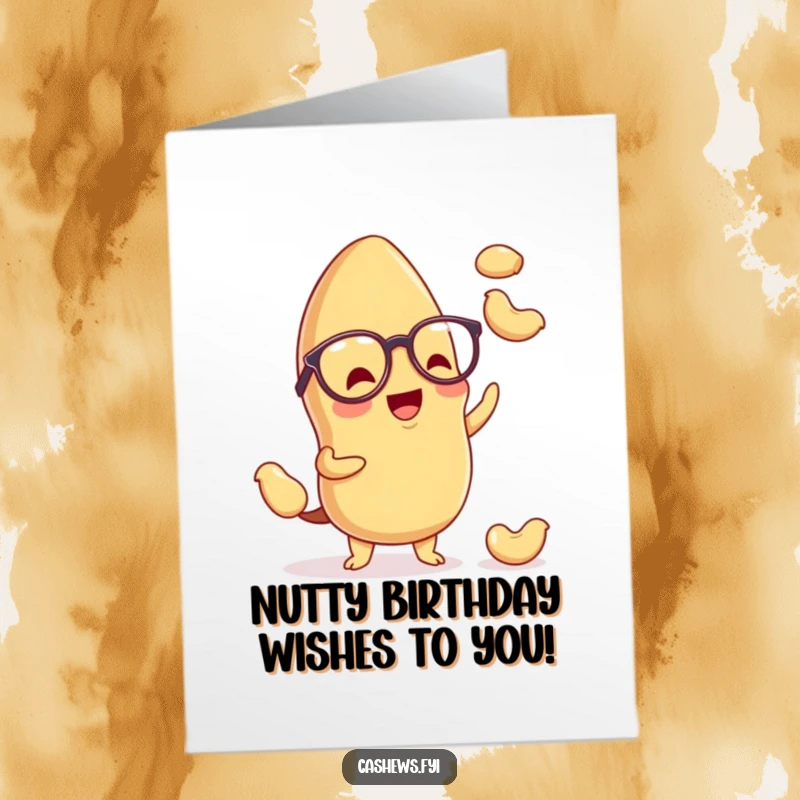 Funny Free Printable Birthday Card: A kawaii cashew wearing spectacles excitedly juggling nuts, a delightful birthday surprise.
