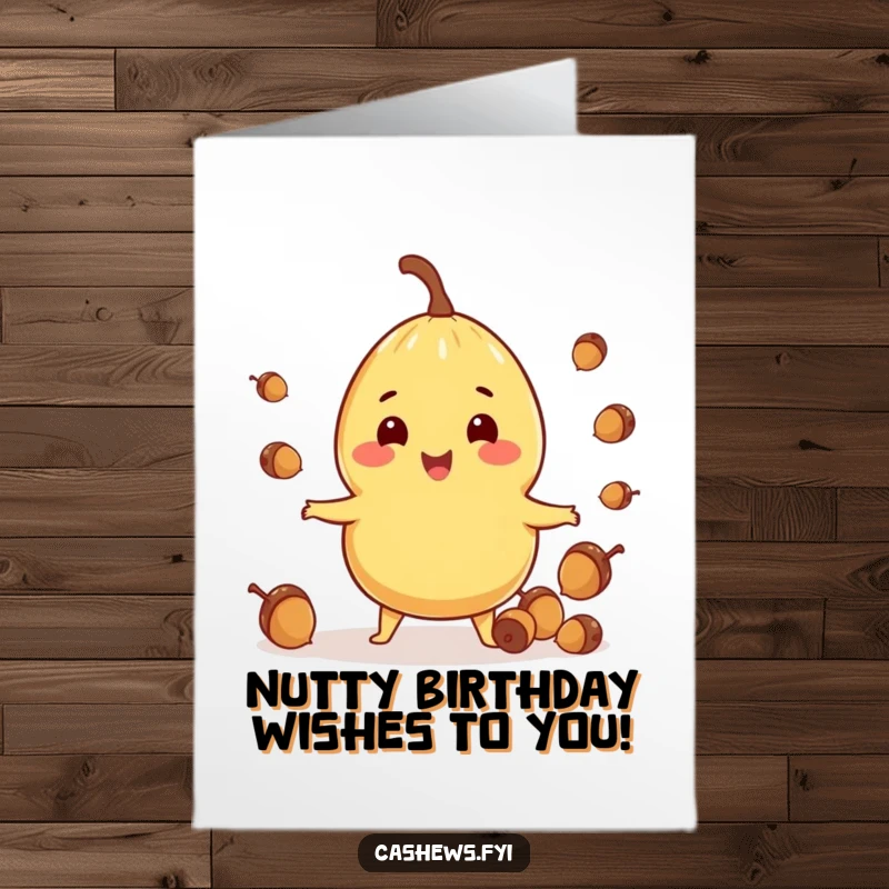 Funny Free Printable Birthday Card: a happy cashew nut character juggles tiny acorns with impressive dexterity.