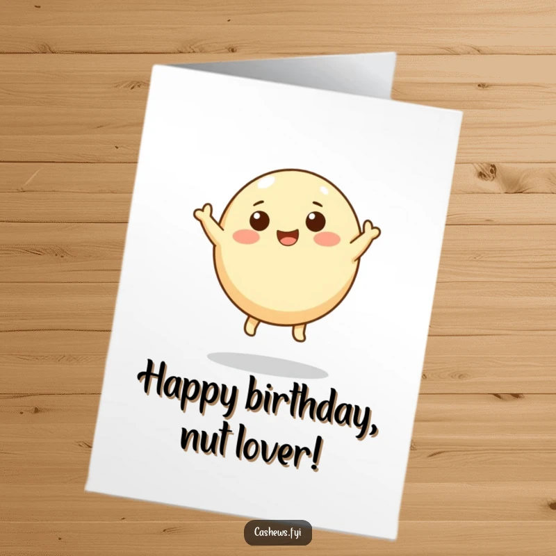 Funny Free Printable Birthday Card: A round cashew character with tiny legs happily leaps upwards, full of birthday cheer.