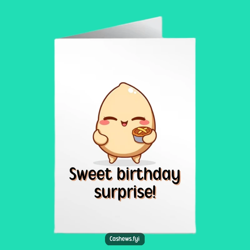 Free Printable Birthday Card: Mischievous Cashew Nut's Pie Surprise - Funny Downloadable Gift