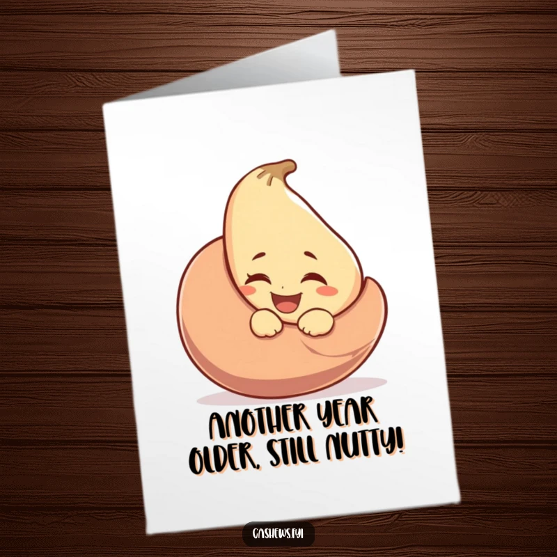 Funny Free Printable Birthday Card: A cashew peeks from behind a giant nut, winking mischievously, ready for fun.