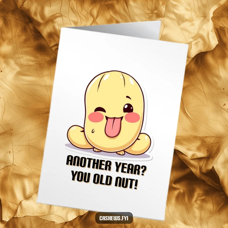 Funny Free Printable Birthday Card: A cashew character playfully sticking out its tongue with a cheeky wink. Hilarious greeting.