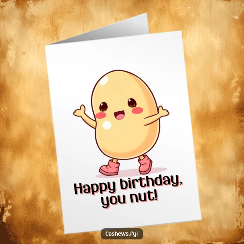 Funny Free Printable Birthday Card: A cashew nut wearing tiny boots, dancing with excitement, downloadable.