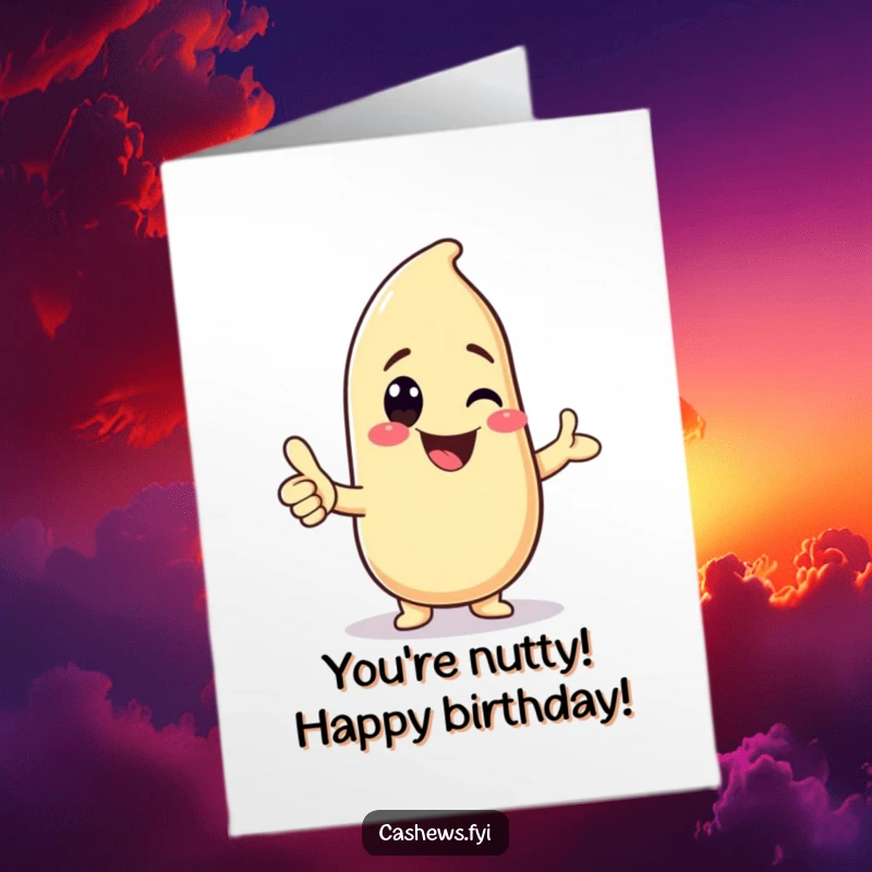Funny Free Printable Birthday Card featuring a kawaii cashew giving a friendly thumbs-up and a huge, infectious grin.