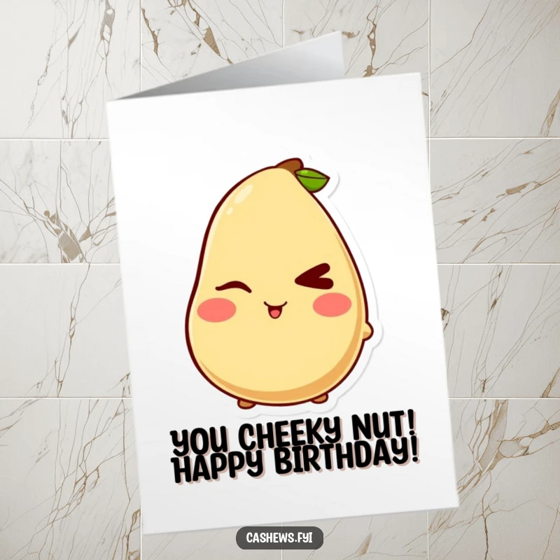 Funny Free Printable Birthday Card featuring a kawaii cashew character giving a mischievous wink and a cute, playful blush.
