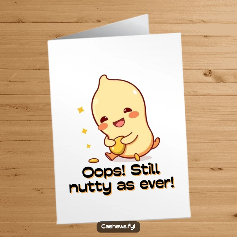 Funny free printable birthday card featuring a cartoon cashew character tripping but laughing, holding a broken cashew.