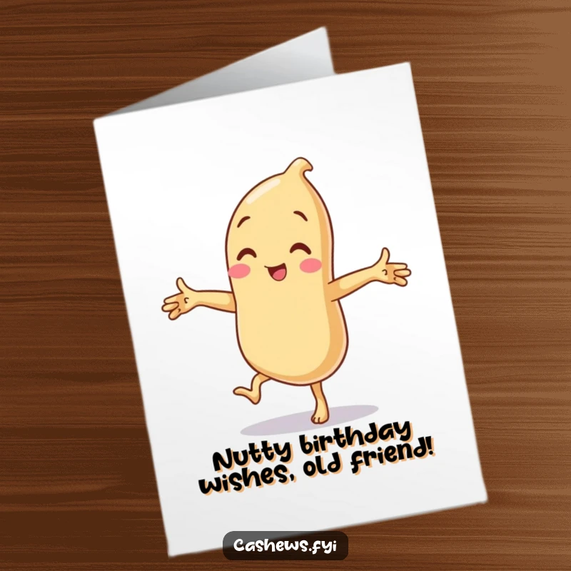 Funny Free Printable Birthday Card: A cashew balancing on one leg, arms out, looking utterly ridiculous and overjoyed.
