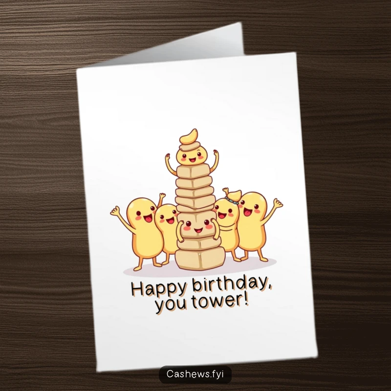 Funny Free Printable Birthday Card: Kawaii cashews striking a proud pose after building a small tower, celebrating success.