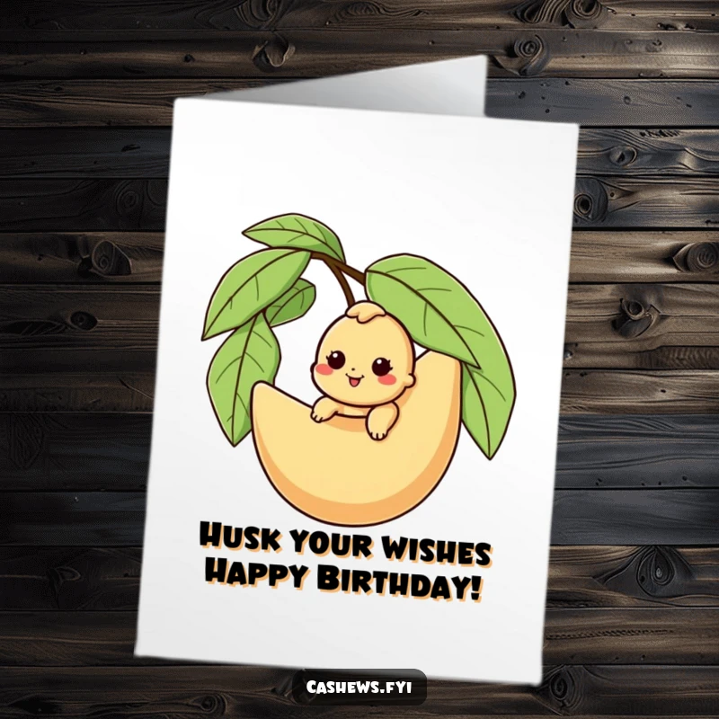 Funny free printable birthday card: a smiling cashew character happily rides atop a giant, majestic cashew husk.