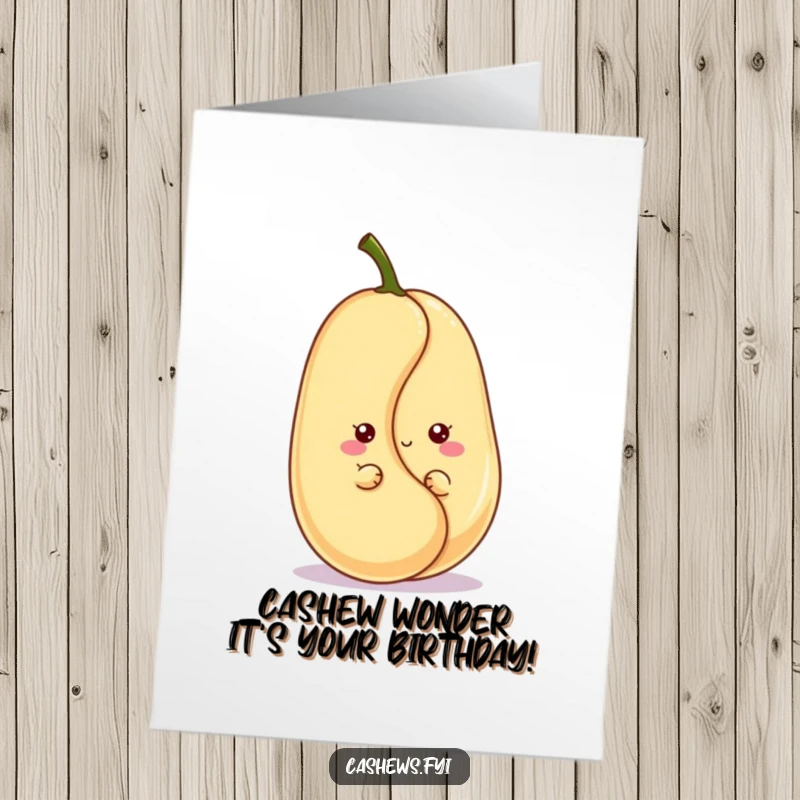 Funny free printable birthday card: a kawaii cashew peeks from behind a larger cashew with a mischievous, playful grin.