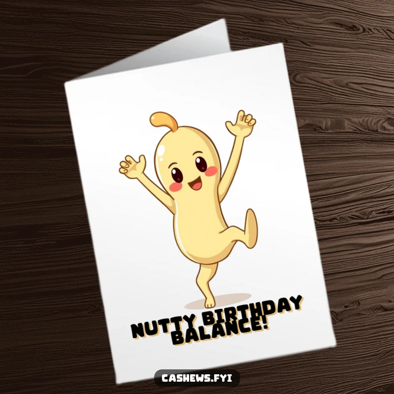 Funny free printable birthday card featuring a cashew character striking a dramatic pose, one leg up and arms high, full of birthday energy.