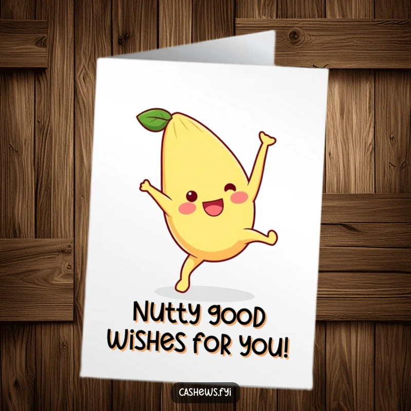 Funny Free Printable Birthday Card featuring a kawaii cashew character doing a joyful cartwheel, ready to celebrate with a laugh.