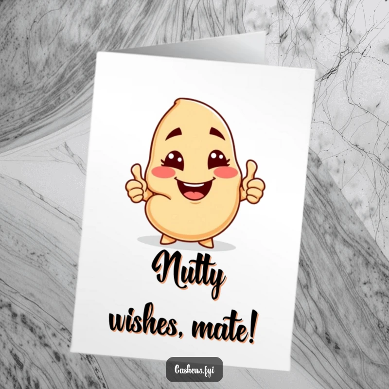 Funny free printable birthday card of a cashew with a cheeky grin, winking and giving a thumbs-up, offering a nut.