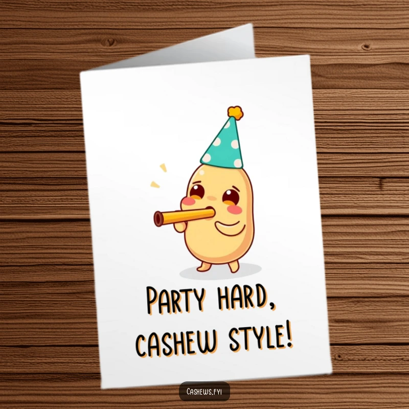 Funny Free Printable Birthday Card: A cashew in a party hat enthusiastically blows a kazoo with pure joy.