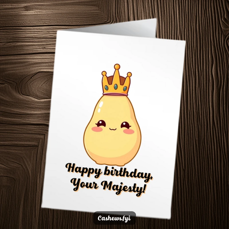 Funny Free Printable Birthday Card: A tiny crowned cashew looking regal yet wobbling, exuding comical authority, ready for celebration.