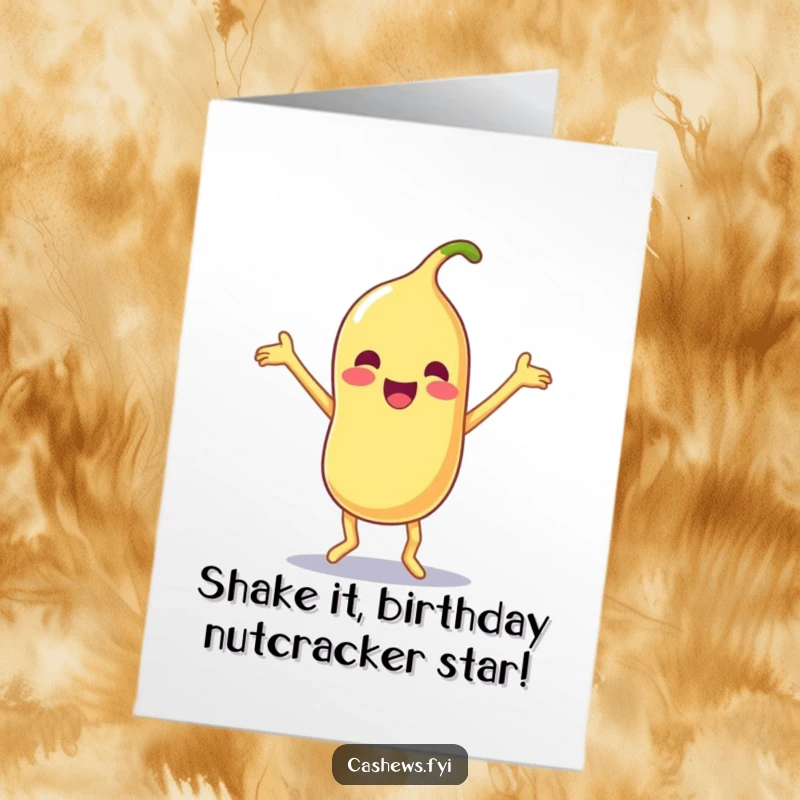 Funny Free Printable Birthday Card: Kawaii cashew joyfully dancing with flailing limbs, full of silly energy, DIY downloadable.
