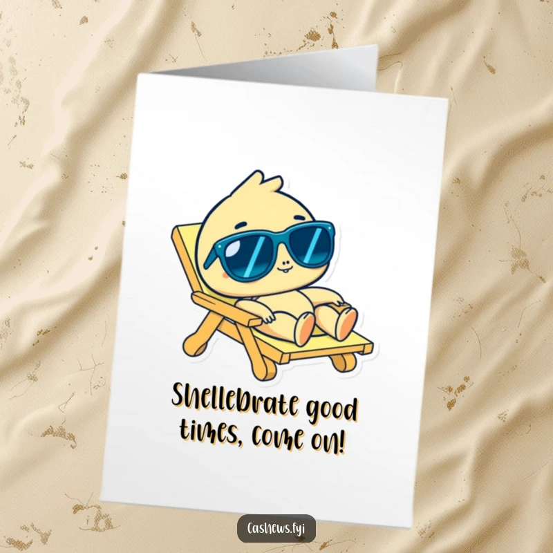 Funny Free Printable Birthday Card featuring a cashew character in sunglasses lounging on a beach chair, radiating pure relaxation.