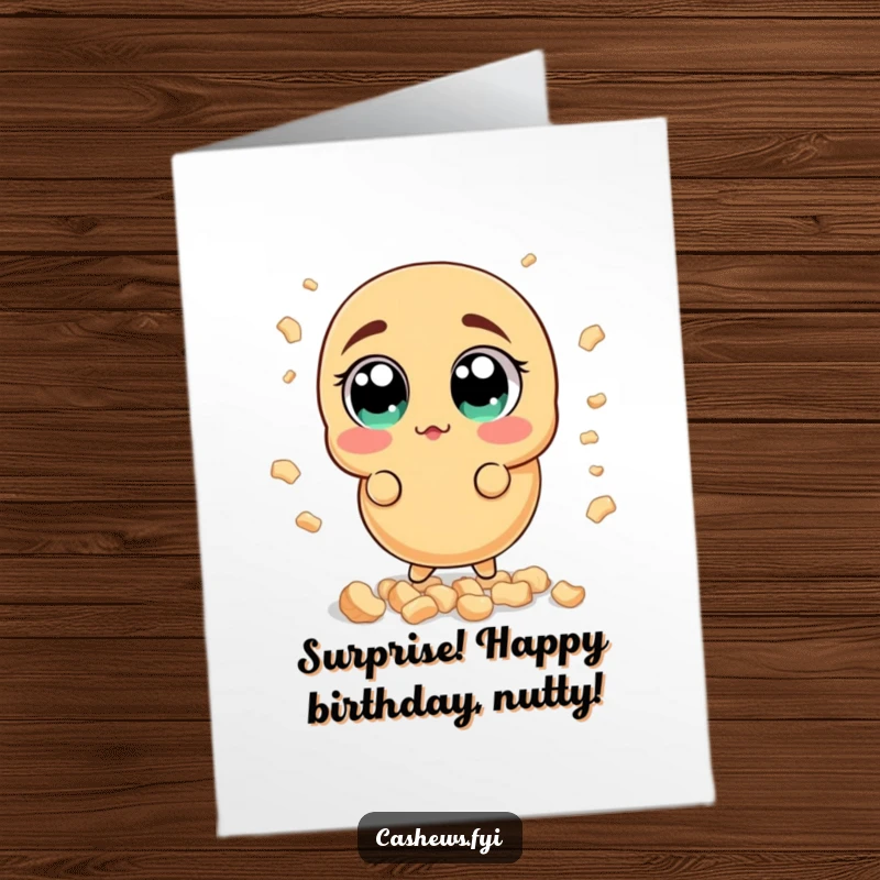 Funny Free Printable Birthday Card: A cashew wide-eyed surprised by a shower of smaller cashew bits, a delightful shock.