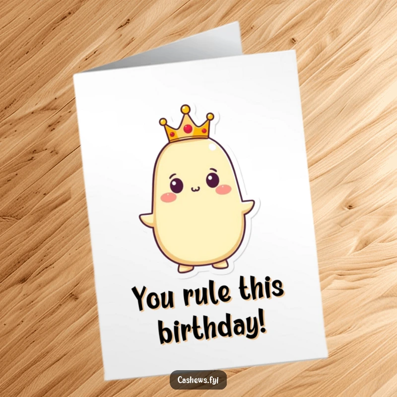 Funny Free Printable Birthday Card: A proud cashew character wearing a tiny crown, exuding royalty and humor, a unique downloadable gift.