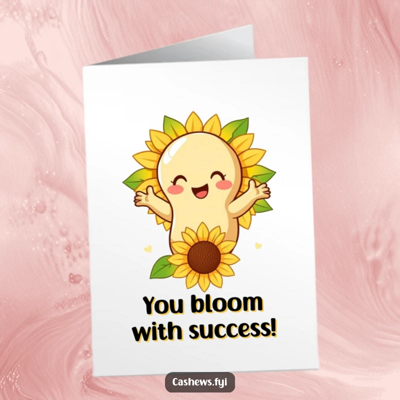 Funny Free Printable Congratulations Card: A cashew nut embracing a sunflower, celebrating achievements, a downloadable gift.