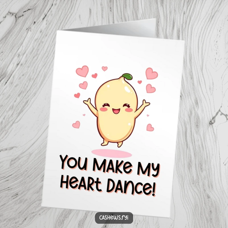 Funny free printable congratulations card showing a kawaii cashew character joyfully dancing surrounded by hearts.