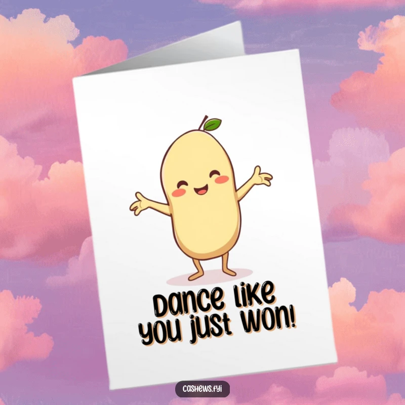 Funny Free Printable Congrats Card: A beaming kawaii cashew enthusiastically dances with arms outstretched in celebration.