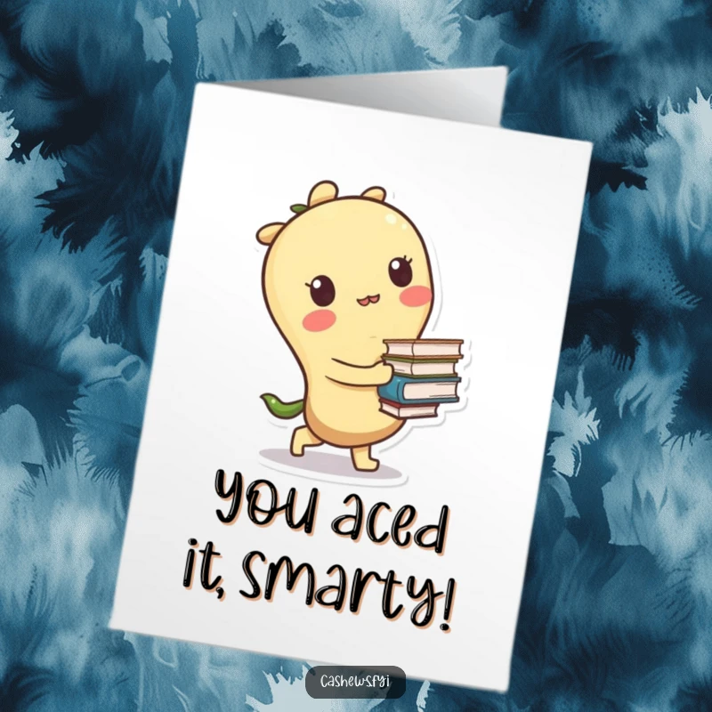 Funny Free Printable Congratulations Card: A kawaii cashew character stumbles with a stack of books, symbolizing the challenges of learning.