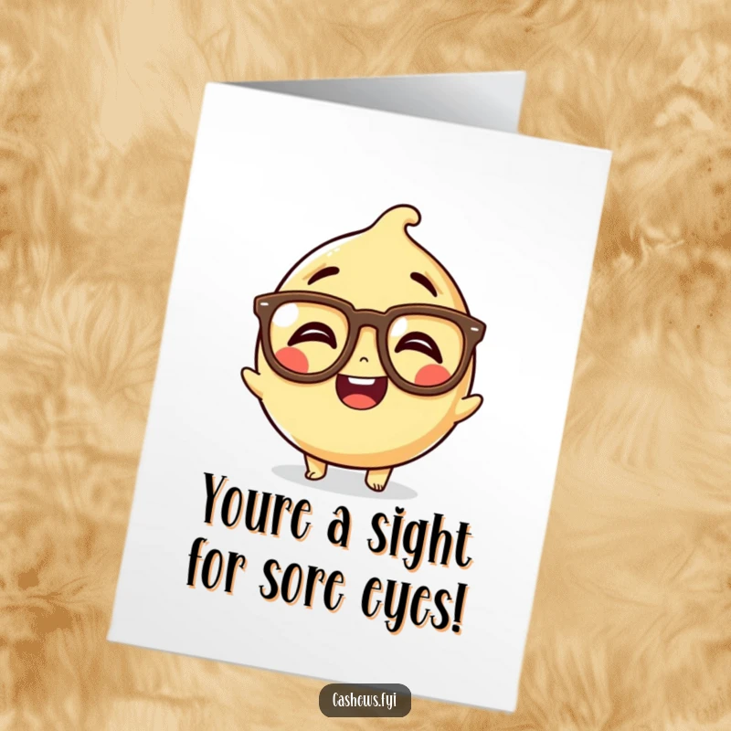 Funny free printable congratulations card featuring a kawaii cashew character giggling while wearing large, funny glasses.