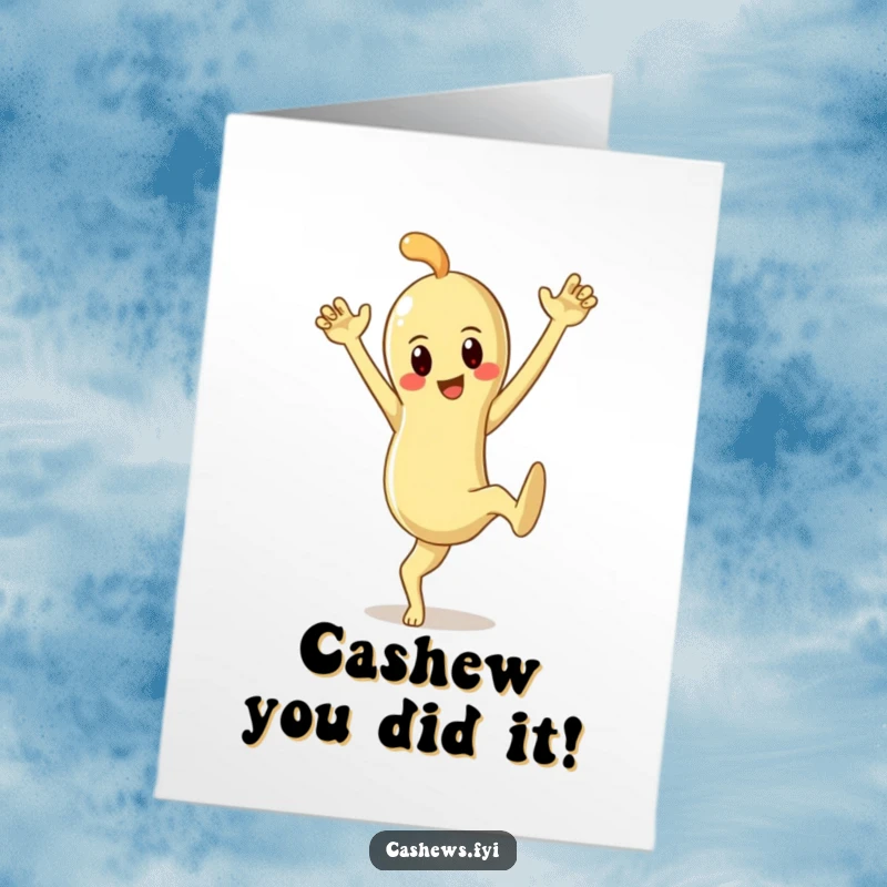 Funny free printable congratulations card showing a cashew striking a dramatic pose with extended leg and arms, celebrating success.